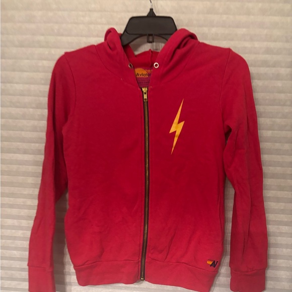 Aviator Nation Kids Hoodie in Vibrant Red with Yellow Lightning Bolt size 14 - Picture 2 of 6